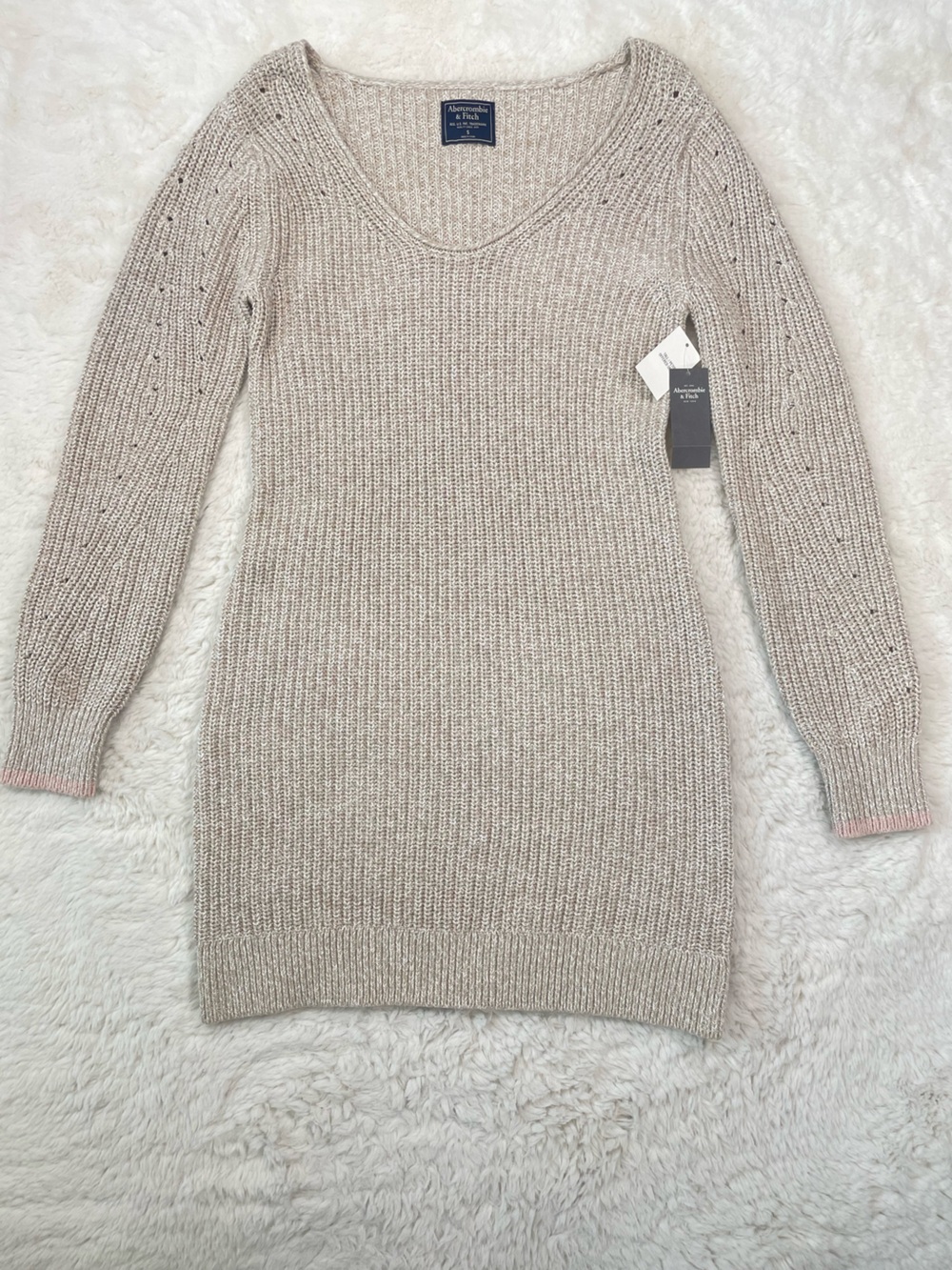Abercrombie & Fitch Neutral Cream Ribbed V‑Neck Mini Dress